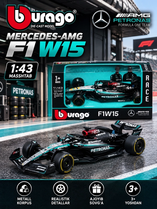 Formula 1 kolleksiya o'yinchoq mashinasi "BBURAGO F1", 1/43 miqiyosida