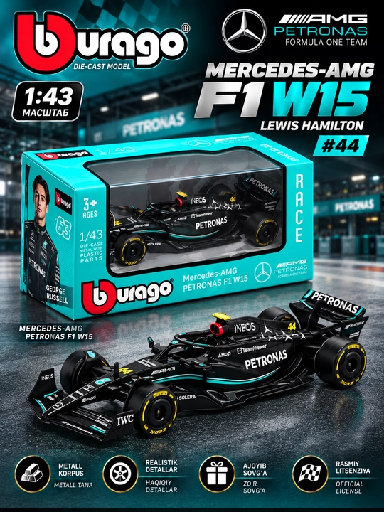 Formula 1 kolleksiya o'yinchoq mashinasi "BBURAGO F1", 1/43 miqiyosida