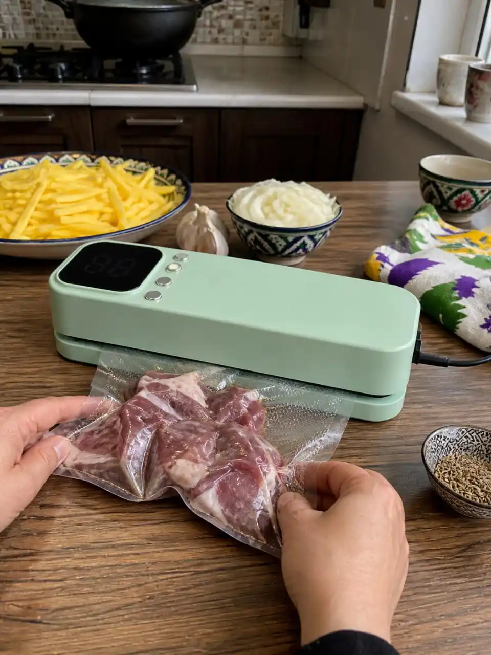 Вакуумный упаковщик для продуктов с цифровым дисплеем, мятный или бежевый