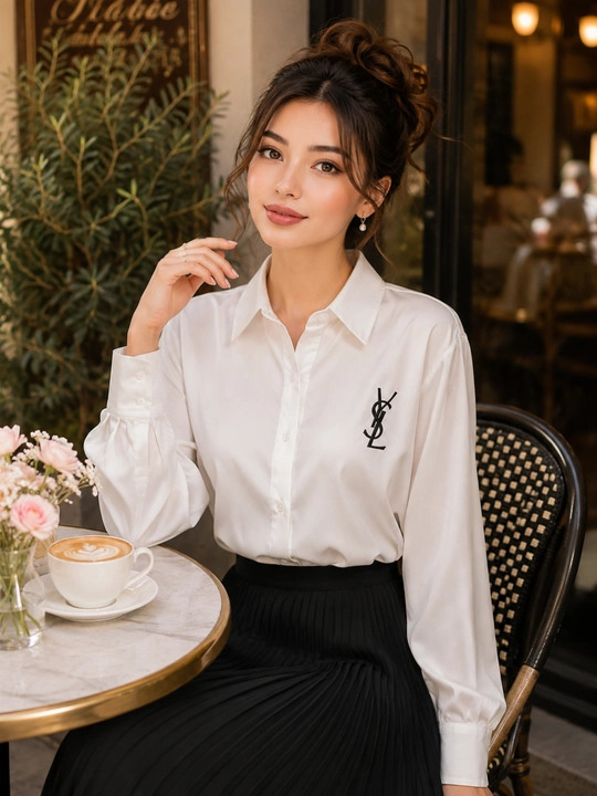 Ayollar oq bluzkasi, uzun yengli, tugmali, standart razmer, 2 xil model