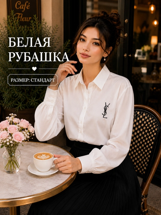 Женская белая блузка, длинный рукав, на пуговицах, стандартный размер, 2 модели - 