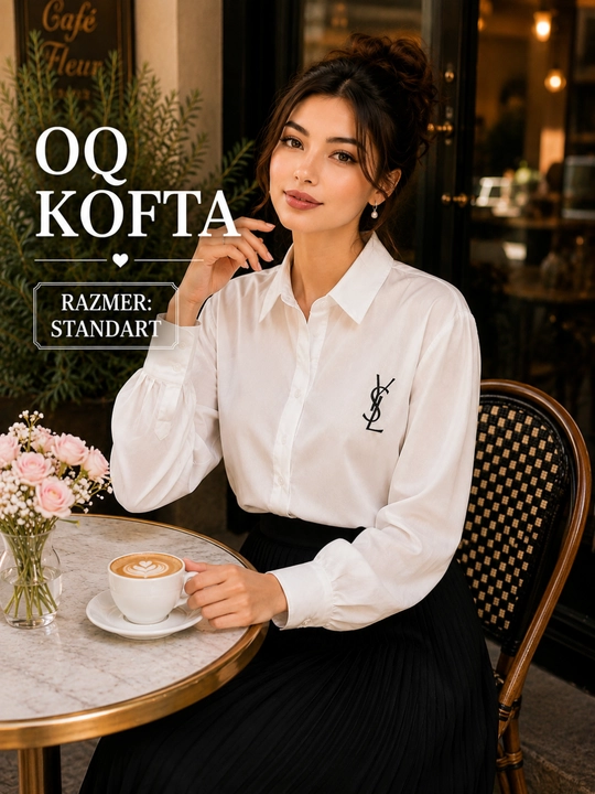 Ayollar oq bluzkasi, uzun yengli, tugmali, standart razmer, 2 xil model