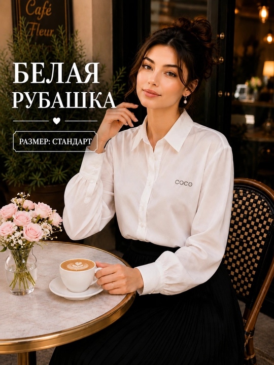 Женская белая блузка, длинный рукав, на пуговицах, стандартный размер, 2 модели - 