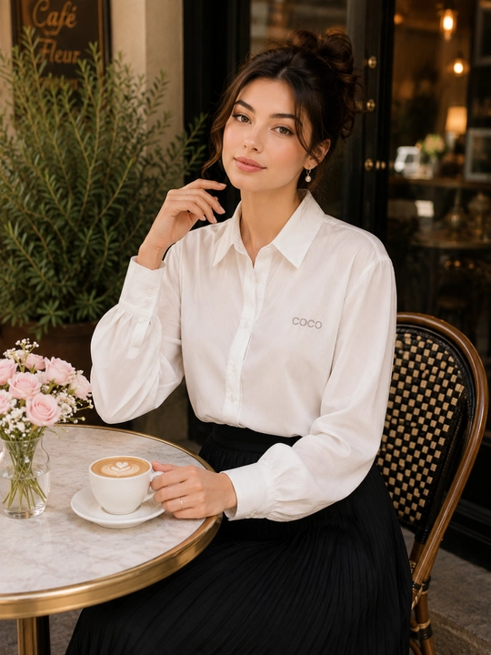 Ayollar oq bluzkasi, uzun yengli, tugmali, standart razmer, 2 xil model