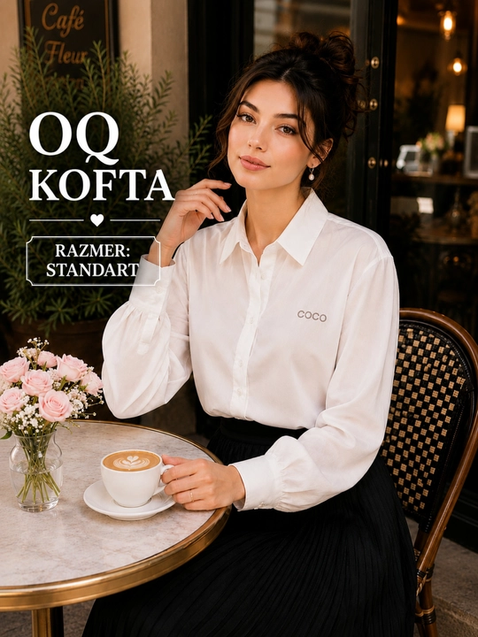 Ayollar oq bluzkasi, uzun yengli, tugmali, standart razmer, 2 xil model