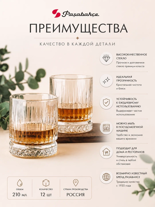Набор стаканов Pasabahce Elysia 210 мл 12 шт низкие для сока воды виски стеклянные