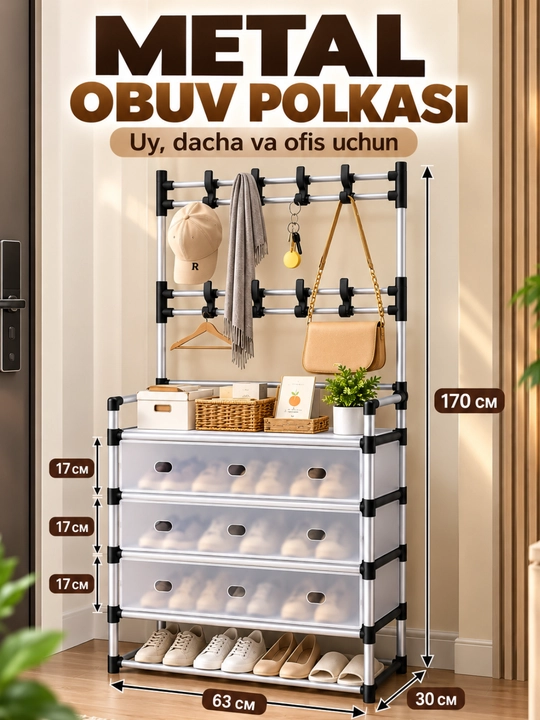 Oyoq kiyim uchun javon 3 tasi 1 da, poyabzal tokchasi va etajerka