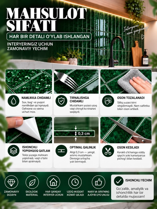 Devorlar uchun o‘zi yopishadigan 3D dekorativ plitkali plyonka