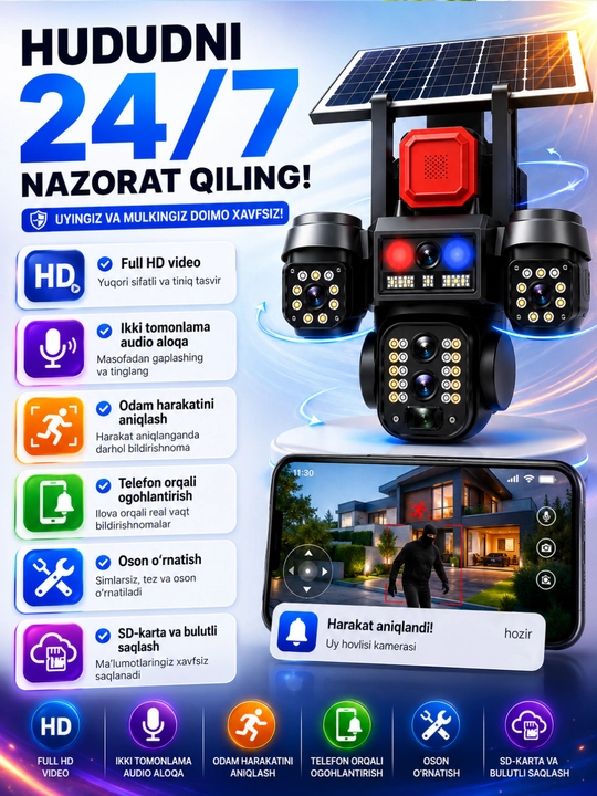 Quyosh panelli 3 kamerali,batareyali 4G videokuzatuv kamerasi,9MP,10X Zoom,SIM, 32GB bonus