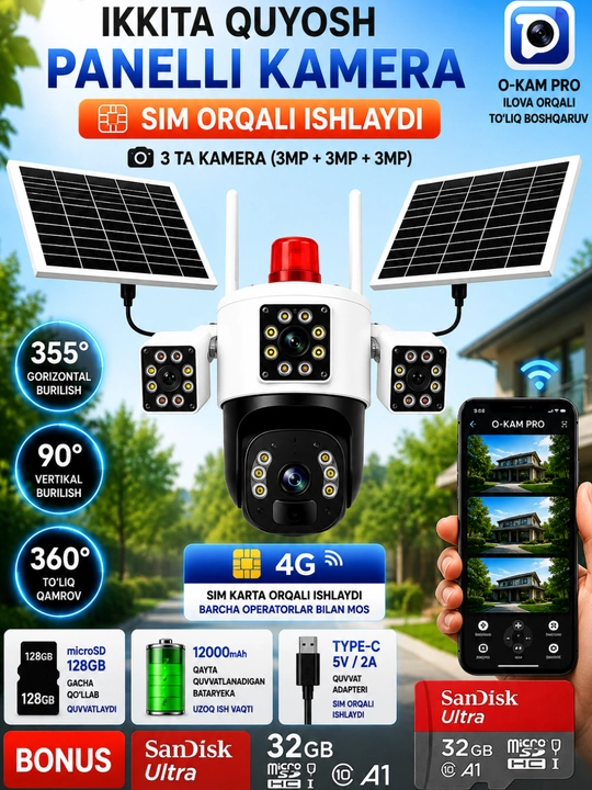 Quyosh panelli 3 kamerali,batareyali 4G videokuzatuv kamerasi,9MP,10X Zoom,SIM, 32GB bonus - 