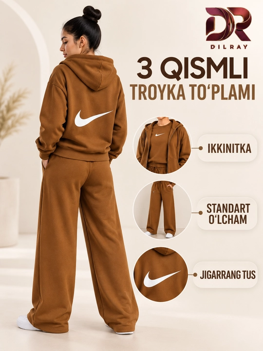 Ayollar uchun uch qismli sport kostyumi, kapyushonli kofta, futbolka va shim