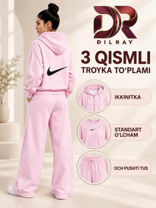 Ayollar uchun uch qismli sport kostyumi, kapyushonli kofta, futbolka va shim