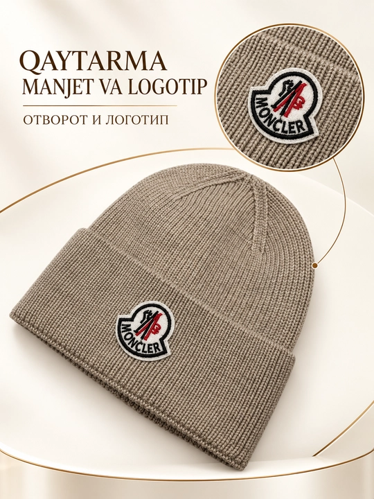Erkaklar uchun qishki trikotaj shapka, Moncler yozuvli qalpoq, universal o‘lcham