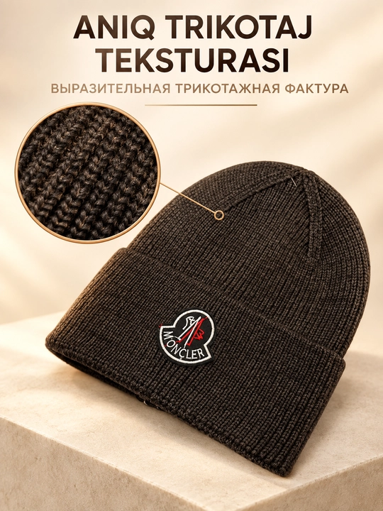 Erkaklar uchun qishki trikotaj shapka, Moncler yozuvli qalpoq, universal o‘lcham