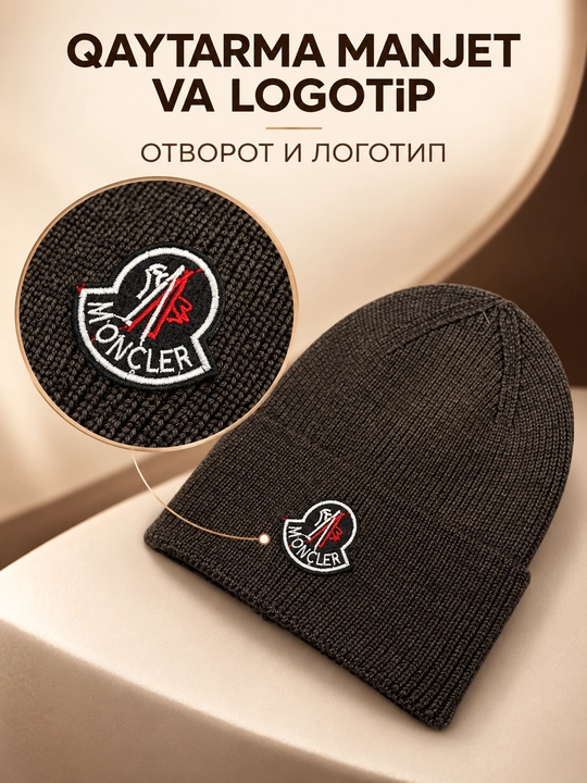 Erkaklar uchun qishki trikotaj shapka, Moncler yozuvli qalpoq, universal o‘lcham