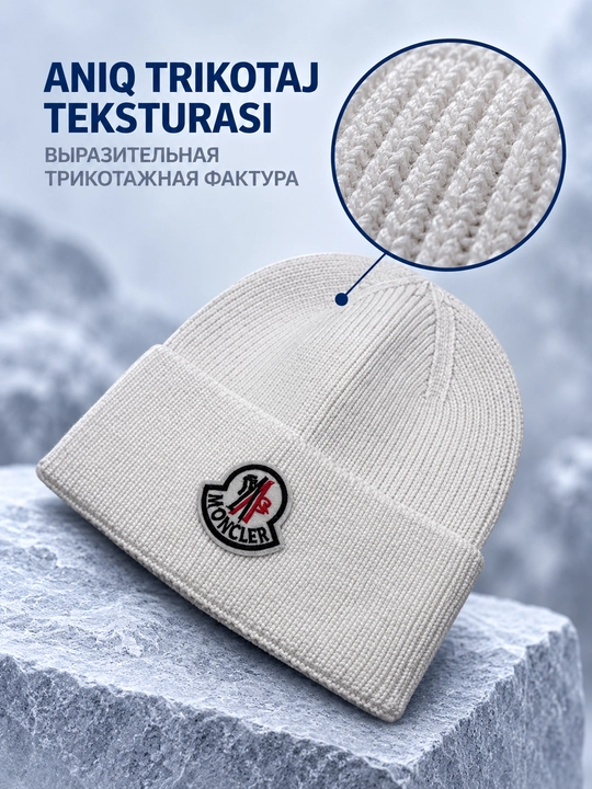 Erkaklar uchun qishki trikotaj shapka, Moncler yozuvli qalpoq, universal o‘lcham