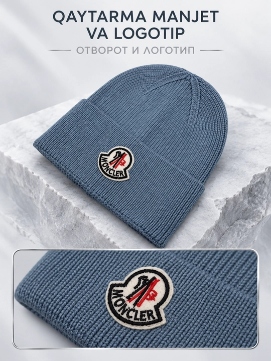Erkaklar uchun qishki trikotaj shapka, Moncler yozuvli qalpoq, universal o‘lcham