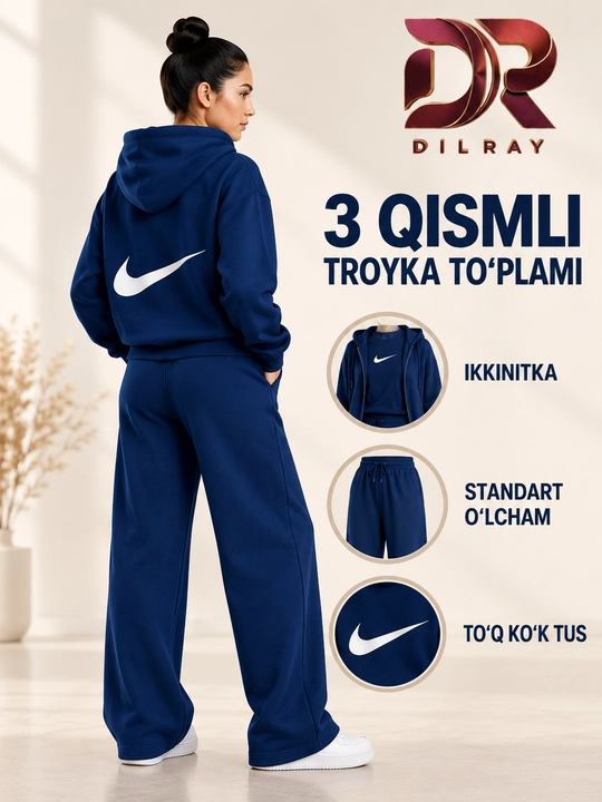 Ayollar uchun uch qismli sport kostyumi, kapyushonli kofta, futbolka va shim