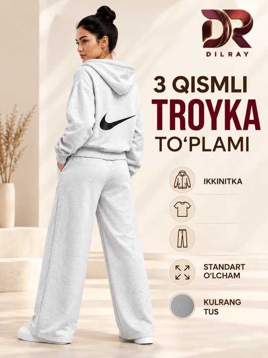 Ayollar uchun uch qismli sport kostyumi, kapyushonli kofta, futbolka va shim