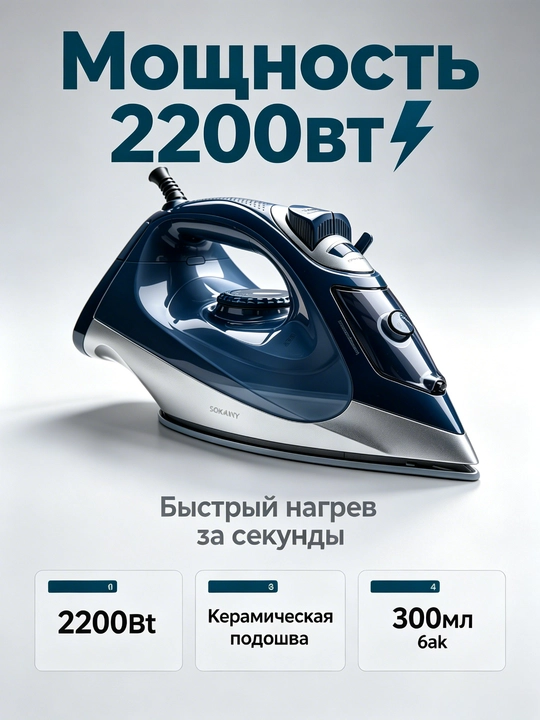 Паровой утюг SOKANY SK-11001, 2200Вт, керамическая подошва, вертикальное отпаривание - 