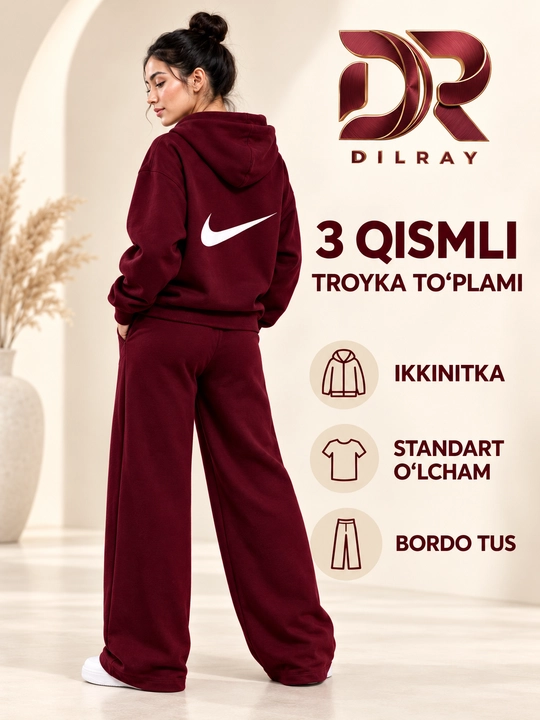 Ayollar uchun uch qismli sport kostyumi, kapyushonli kofta, futbolka va shim