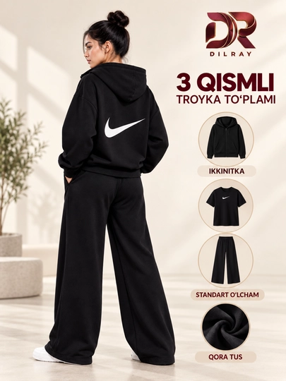 Ayollar uchun uch qismli sport kostyumi, kapyushonli kofta, futbolka va shim