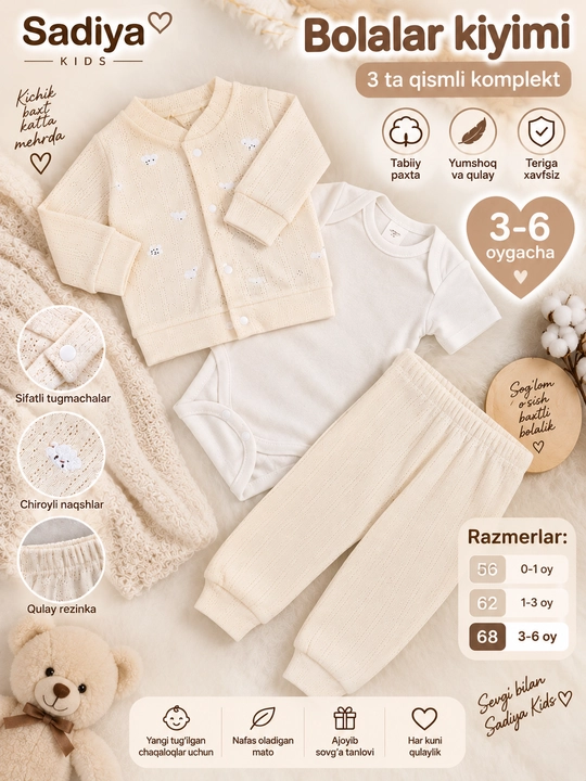 Детская одежда Sadiya KIDS, комплект 3 предмета, боди, штаны, кофта 3–6 мес, размер 62–68 - 
