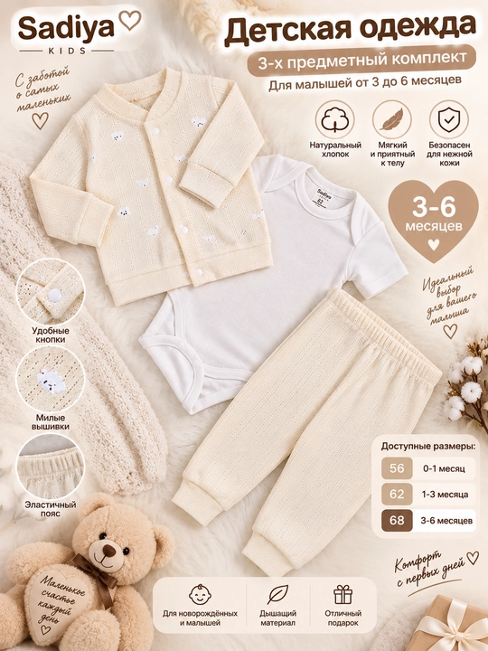 Детская одежда Sadiya KIDS, комплект 3 предмета, боди, штаны, кофта 3–6 мес, размер 62–68