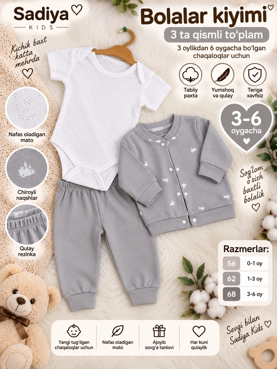 Детская одежда Sadiya KIDS, комплект 3 предмета, боди, штаны, кофта 3–6 мес, размер 62–68 - 