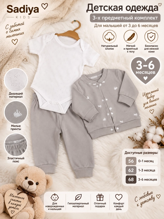 Детская одежда Sadiya KIDS, комплект 3 предмета, боди, штаны, кофта 3–6 мес, размер 62–68