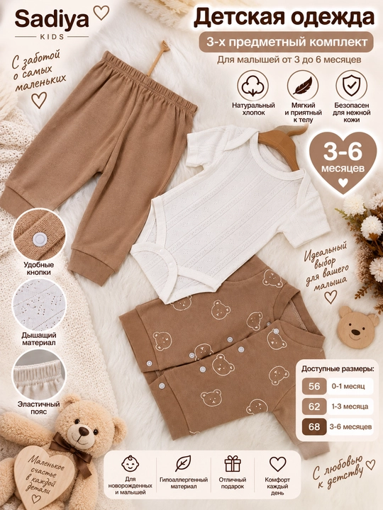 Детская одежда Sadiya KIDS, комплект 3 предмета, боди, штаны, кофта 3–6 мес, размер 62–68