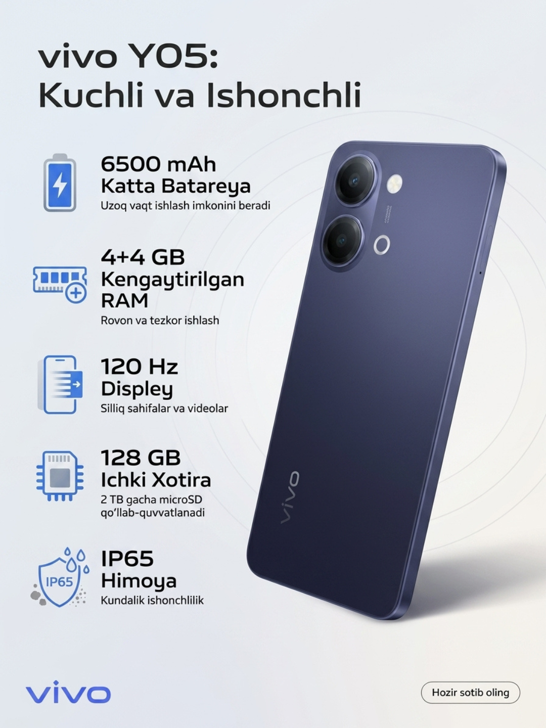 Vivo Y05 smartfoni 4/128 GB, 120 Gs displey, 6500 mA/soat batareya, IP65 - 