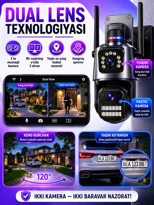 Камера видеонаблюдения Wi-Fi 8X Zoom Dual Lens, 32 ГБ в подарок, ночное видение