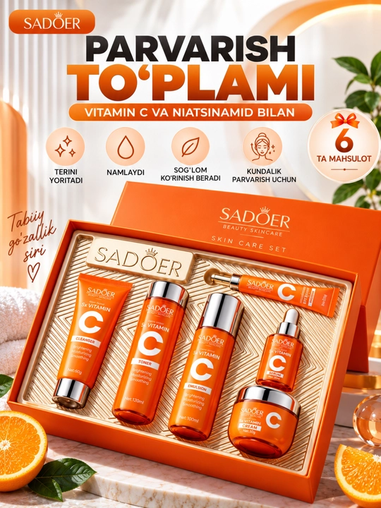 SADOER Vitamin C va Niatsinamid yuz parvarishi to‘plami, 6 qismli - 