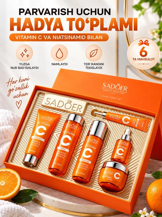 SADOER Vitamin C va Niatsinamid yuz parvarishi to‘plami, 6 qismli