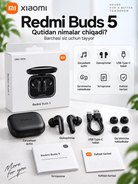 Redmi Buds 5 simsiz quloqchin — Bluetooth, ANC shovqinni kamaytirish, sifatli ovoz
