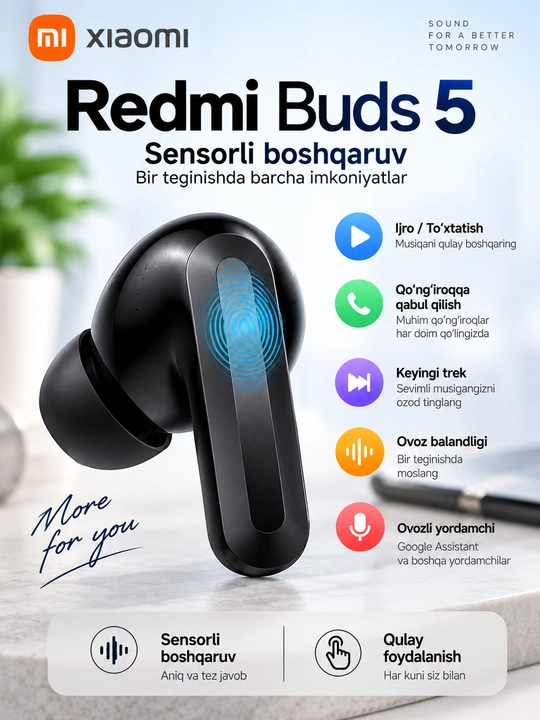 Redmi Buds 5 simsiz quloqchin — Bluetooth, ANC shovqinni kamaytirish, sifatli ovoz