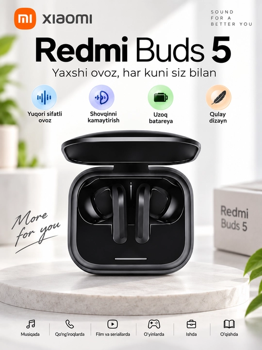 Redmi Buds 5 simsiz quloqchin — Bluetooth, ANC shovqinni kamaytirish, sifatli ovoz - 