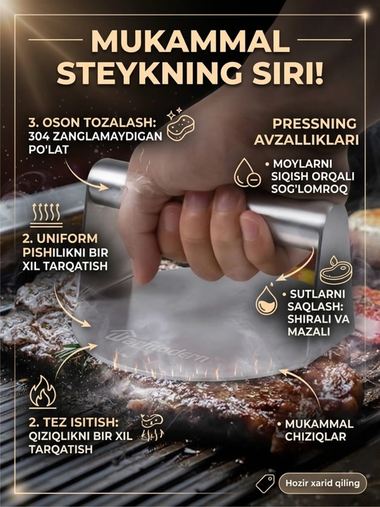 Burger va steyk uchun zanglamaydigan po'lat press, grill va barbekyu uchun press - 