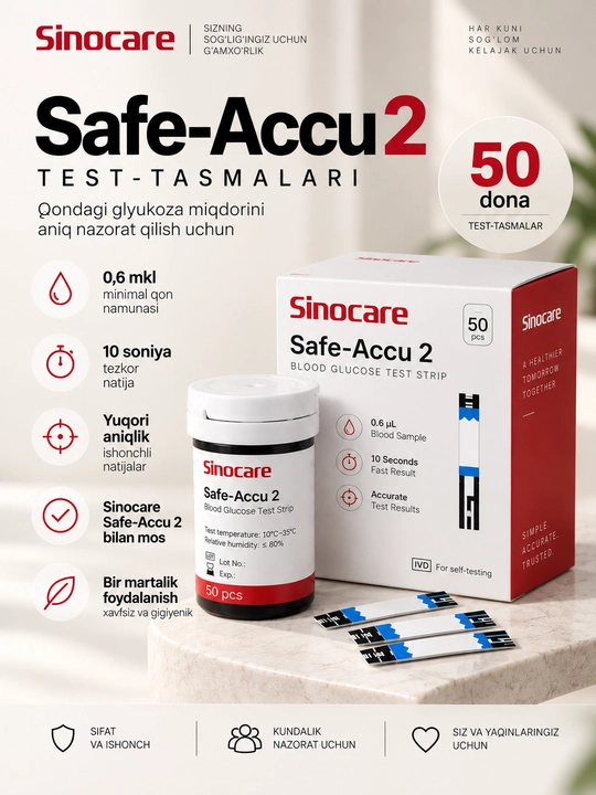 Sinocare Safe-Accu 2 glyukometri uchun glyukozani o‘lchash test-tasmalari, 50 dona