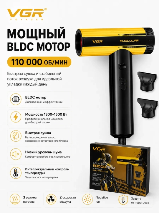 Профессиональный фен для сушки волос, с ионизацией, 3 магнитные насадки, VGR