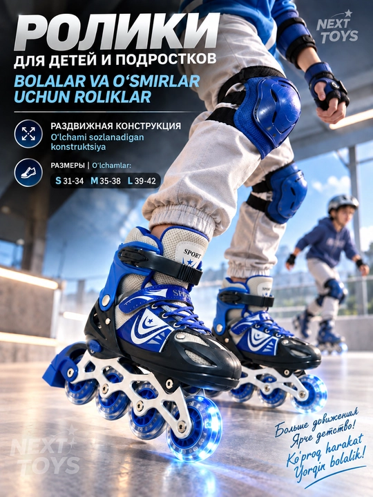 Bolalar va kattalar uchun rolikli konki, sozlanadigan o‘lcham, 4 g‘ildirak bir qatorda,LED - 
