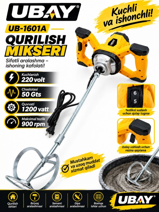 Qurilish mikseri, Mikser, quvvati 1200 Vt, 6 hil tezlikda ishlaydigan mikser  UB1601A - 