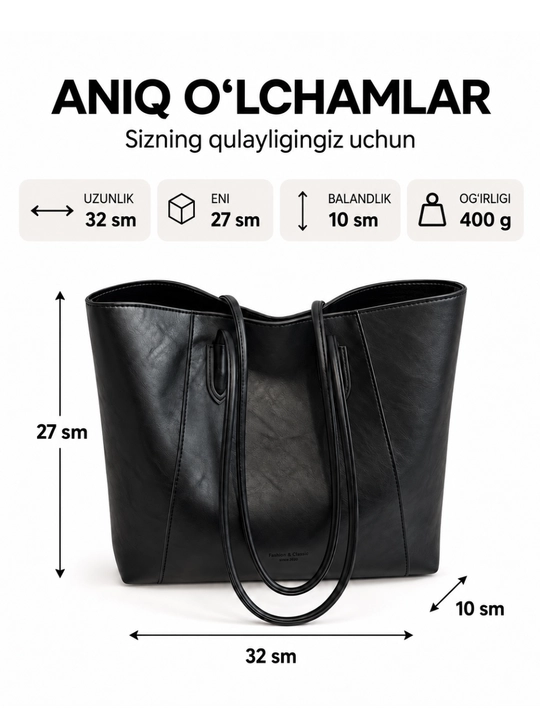Ayollar uchun A4 shopper sumka, yelkaga osiladigan, sig‘imli kundalik, ish va o‘qish uchun