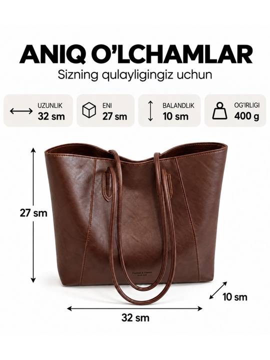 Ayollar uchun A4 shopper sumka, yelkaga osiladigan, sig‘imli kundalik, ish va o‘qish uchun