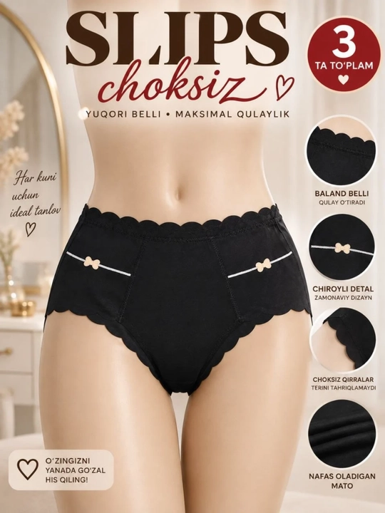 Ayollar trusiklari, slips, to'plamda 3 dona, FREESIZE ichki kiyim