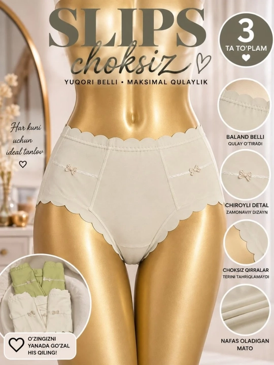 Ayollar trusiklari, slips, to'plamda 3 dona, FREESIZE ichki kiyim
