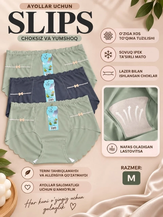 Ayollar trusiklari, slips, to'plamda 3 dona, FREESIZE ichki kiyim