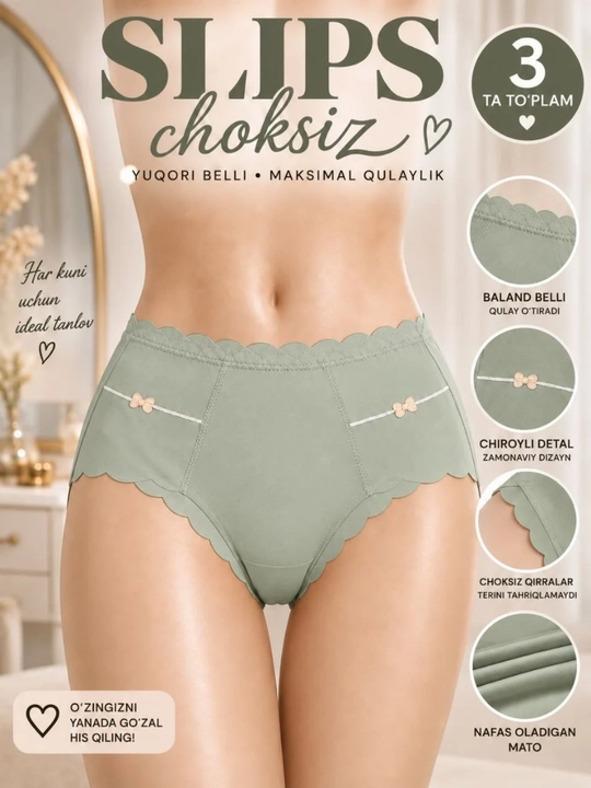 Ayollar trusiklari, slips, to'plamda 3 dona, FREESIZE ichki kiyim