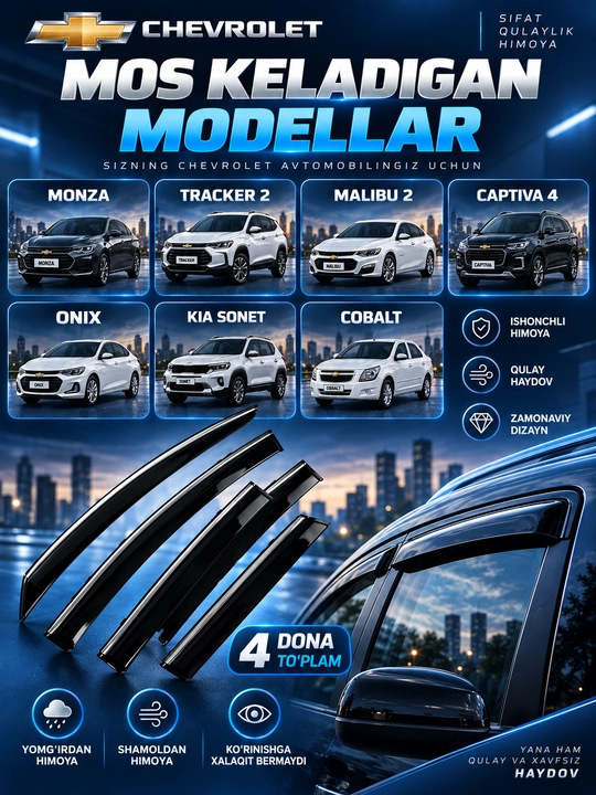 Дефлекторы боковых окон, ветровики для Onix, Monza, Tracker 2, Kia Sonet